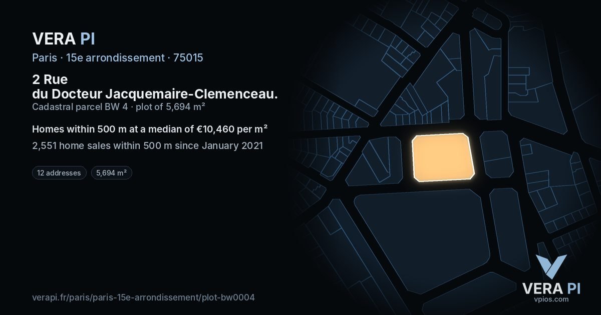 2 Rue du Docteur Jacquemaire-Clemenceau, 15e arrondissement at night – the plot lit, the parcels around coloured by the prices near them