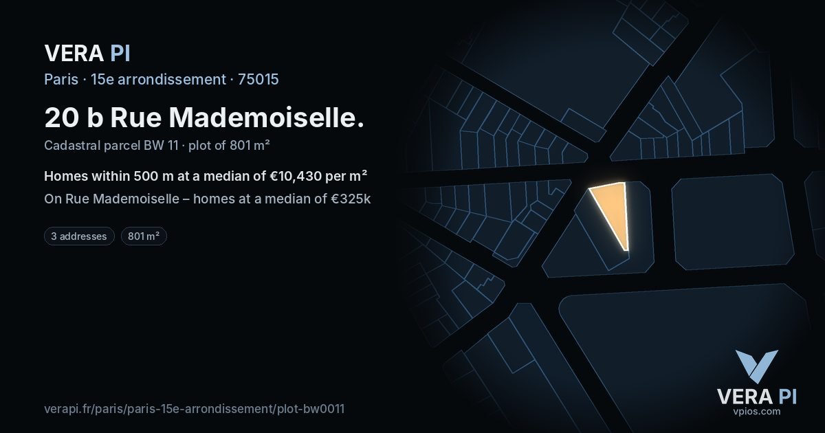 20 b Rue Mademoiselle, 15e arrondissement at night – the plot lit, the parcels around coloured by the prices near them