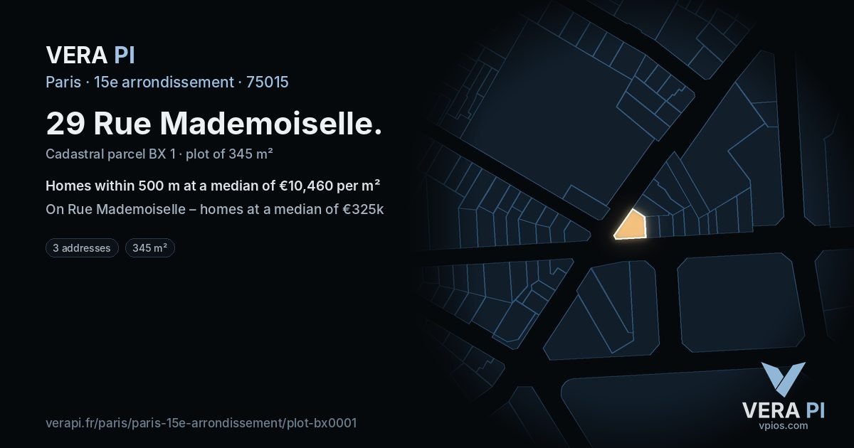 29 Rue Mademoiselle, 15e arrondissement at night – the plot lit, the parcels around coloured by the prices near them
