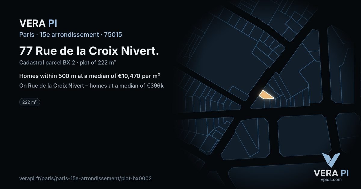 77 Rue de la Croix Nivert, 15e arrondissement at night – the plot lit, the parcels around coloured by the prices near them