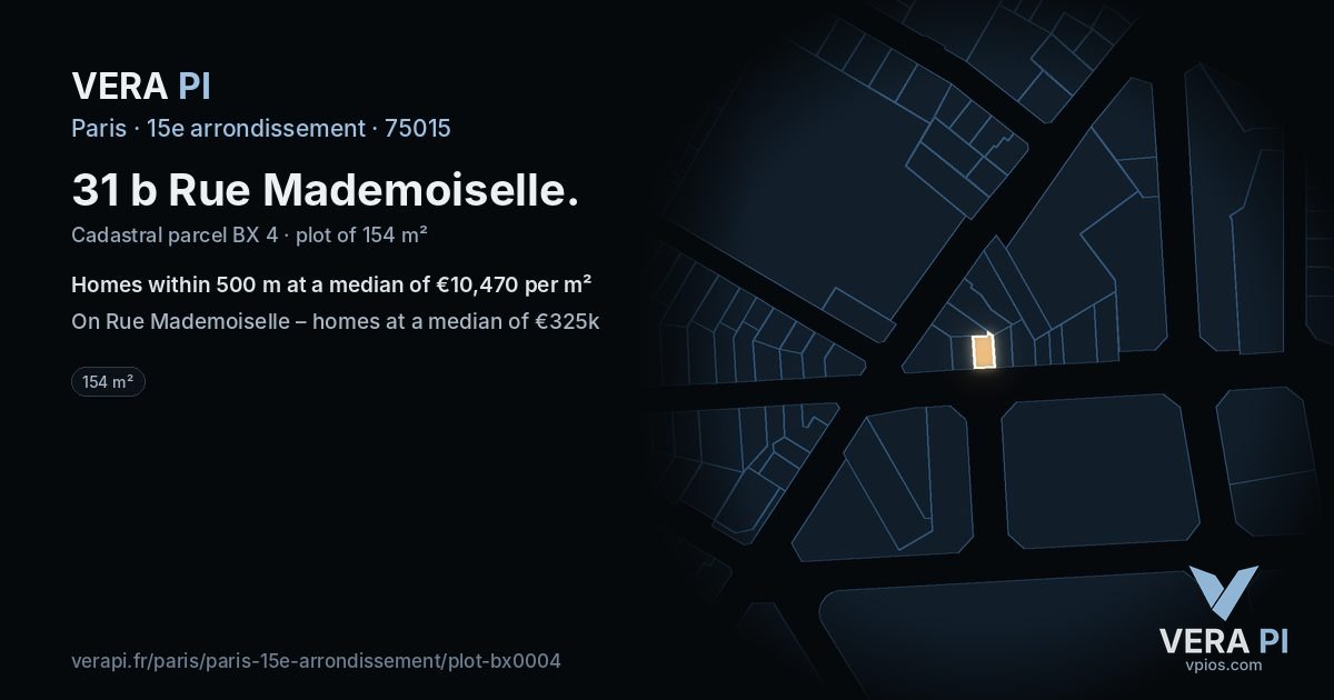 31 b Rue Mademoiselle, 15e arrondissement at night – the plot lit, the parcels around coloured by the prices near them