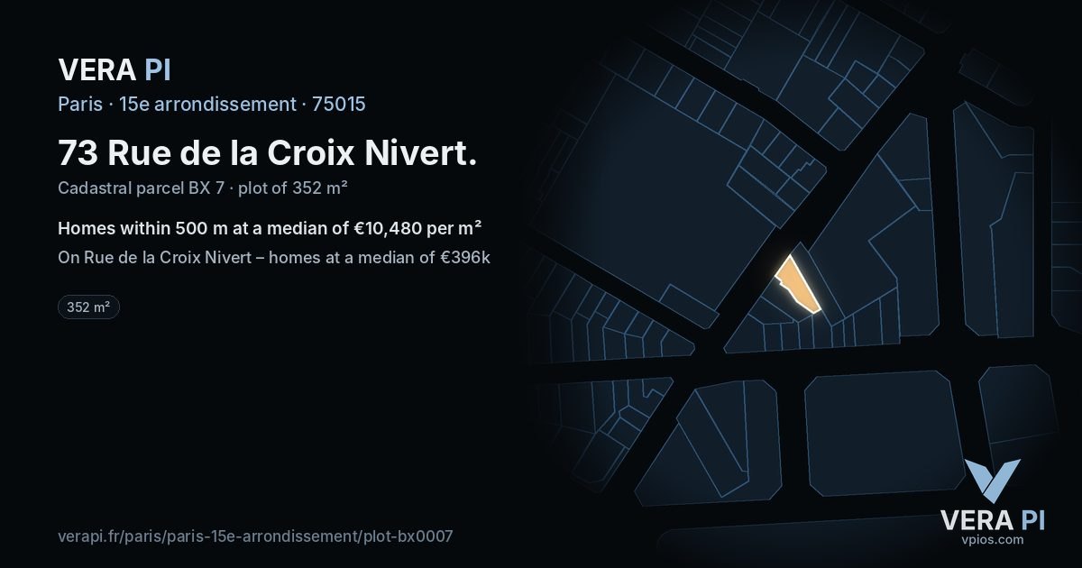 73 Rue de la Croix Nivert, 15e arrondissement at night – the plot lit, the parcels around coloured by the prices near them