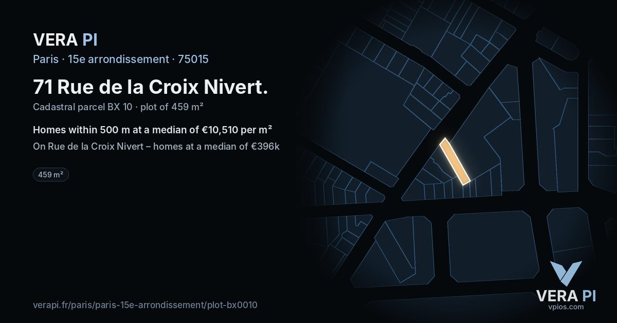 71 Rue de la Croix Nivert, 15e arrondissement at night – the plot lit, the parcels around coloured by the prices near them