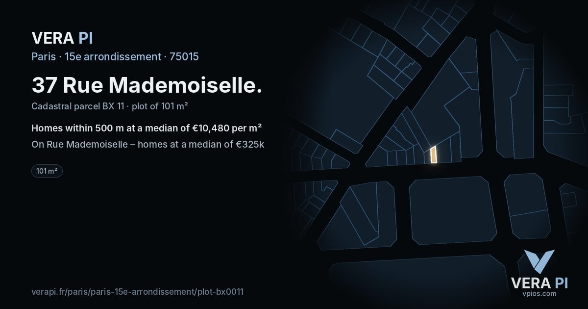 37 Rue Mademoiselle, 15e arrondissement at night – the plot lit, the parcels around coloured by the prices near them