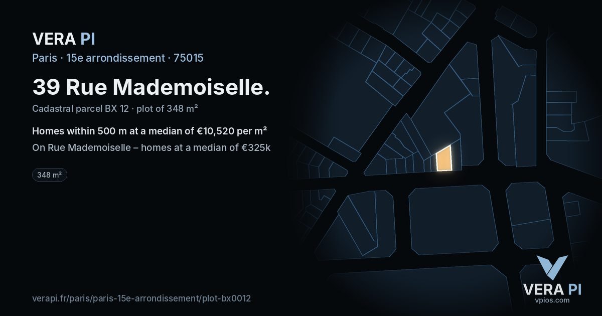 39 Rue Mademoiselle, 15e arrondissement at night – the plot lit, the parcels around coloured by the prices near them