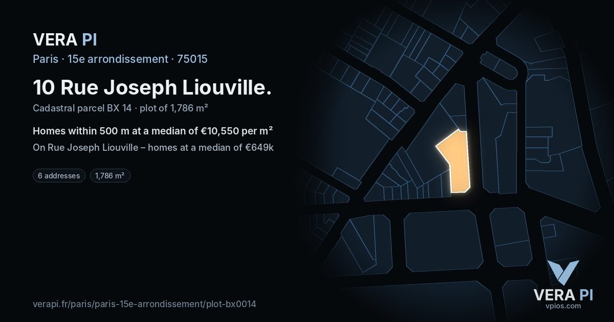 10 Rue Joseph Liouville, 15e arrondissement at night – the plot lit, the parcels around coloured by the prices near them