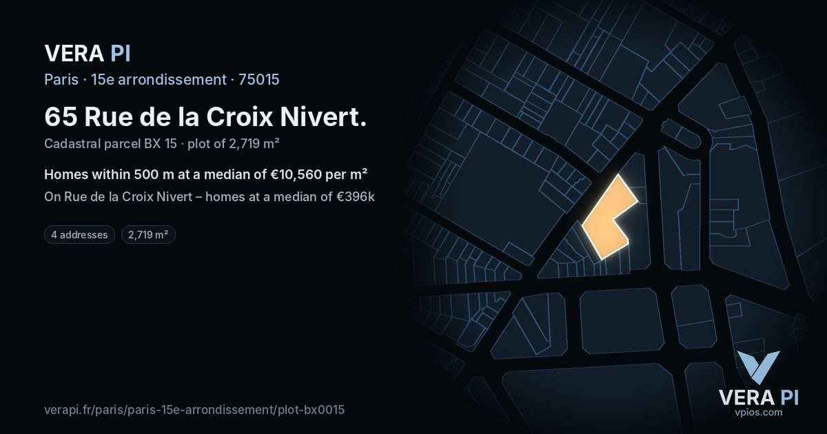 65 Rue de la Croix Nivert, 15e arrondissement at night – the plot lit, the parcels around coloured by the prices near them