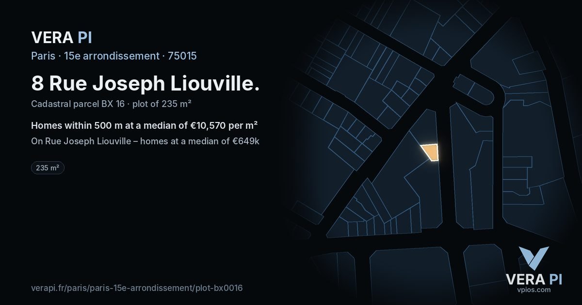 8 Rue Joseph Liouville, 15e arrondissement at night – the plot lit, the parcels around coloured by the prices near them