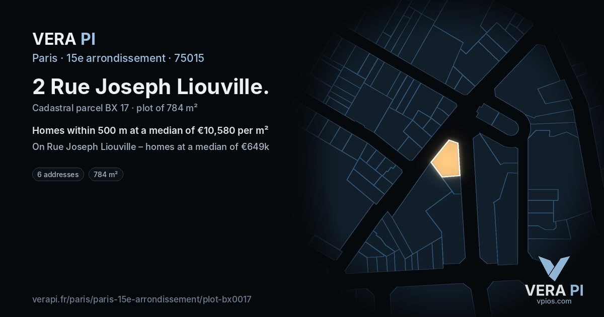 2 Rue Joseph Liouville, 15e arrondissement at night – the plot lit, the parcels around coloured by the prices near them