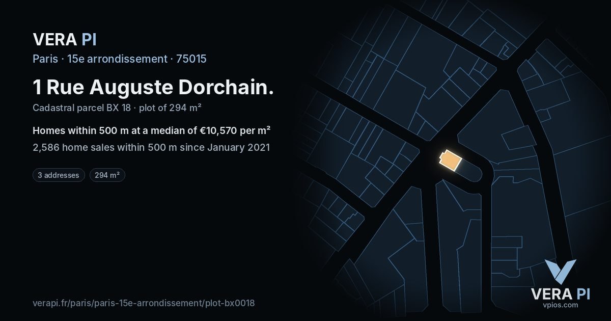 1 Rue Auguste Dorchain, 15e arrondissement at night – the plot lit, the parcels around coloured by the prices near them