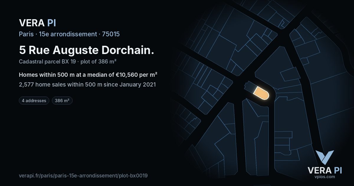 5 Rue Auguste Dorchain, 15e arrondissement at night – the plot lit, the parcels around coloured by the prices near them