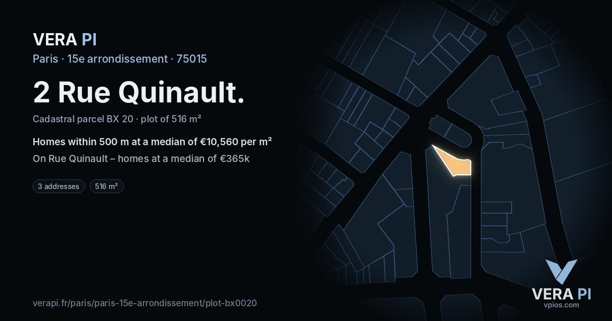 2 Rue Quinault, 15e arrondissement at night – the plot lit, the parcels around coloured by the prices near them