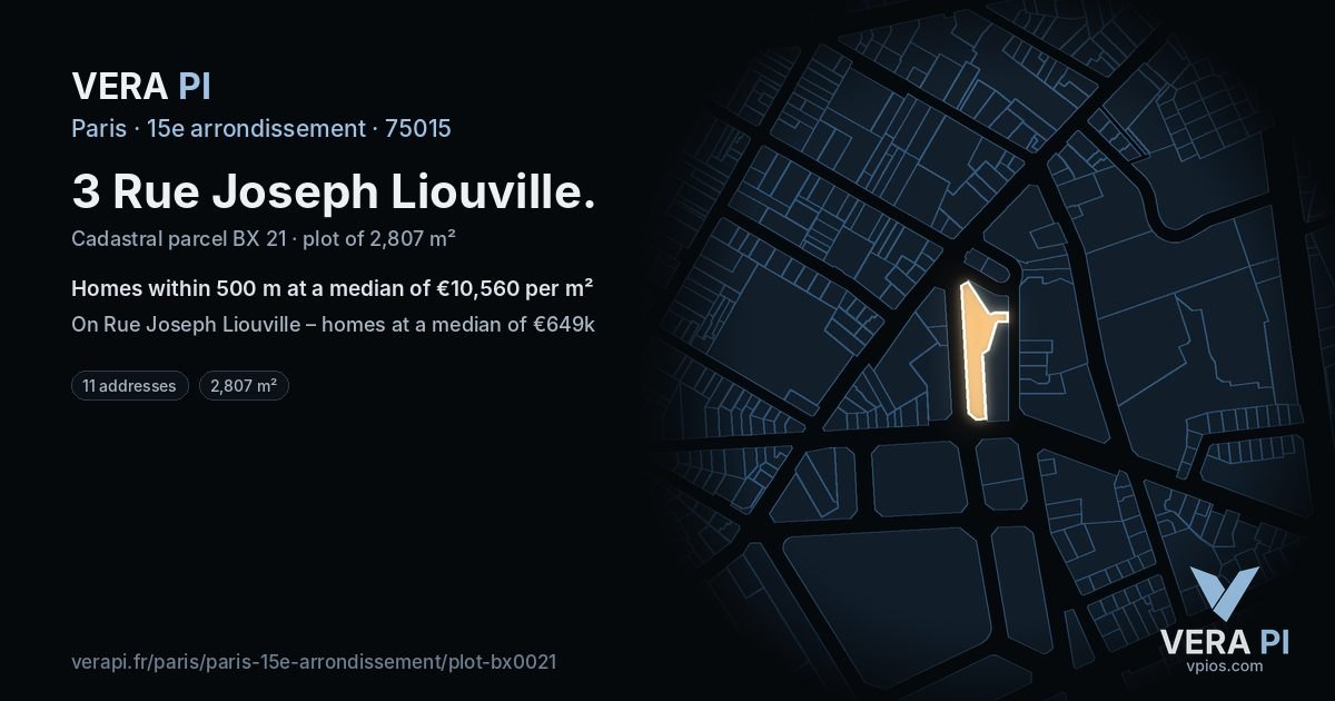 3 Rue Joseph Liouville, 15e arrondissement at night – the plot lit, the parcels around coloured by the prices near them