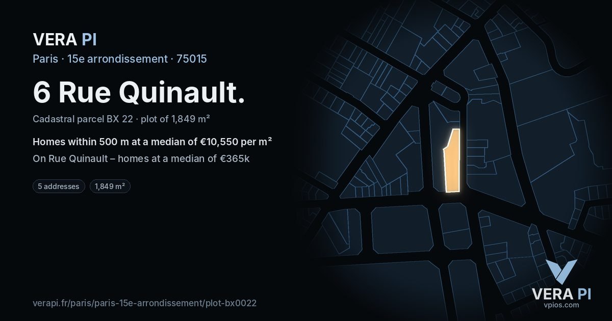 6 Rue Quinault, 15e arrondissement at night – the plot lit, the parcels around coloured by the prices near them