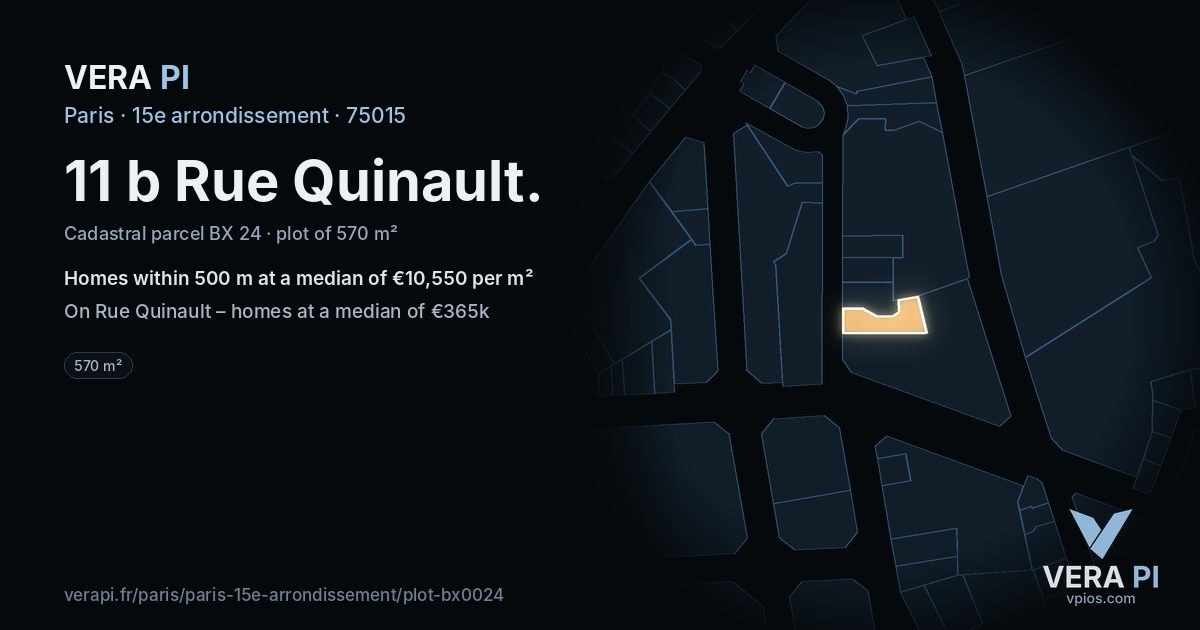 11 b Rue Quinault, 15e arrondissement at night – the plot lit, the parcels around coloured by the prices near them