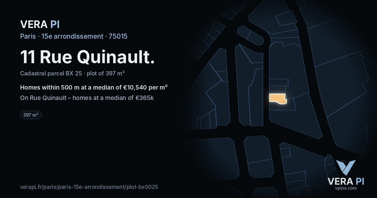 11 Rue Quinault, 15e arrondissement at night – the plot lit, the parcels around coloured by the prices near them