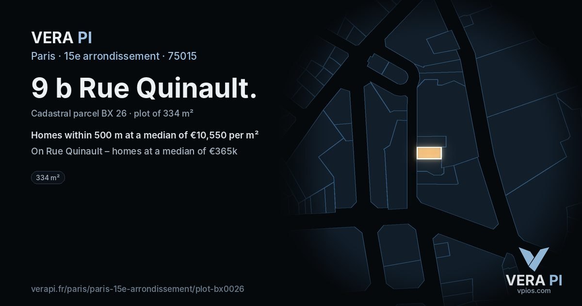 9 b Rue Quinault, 15e arrondissement at night – the plot lit, the parcels around coloured by the prices near them
