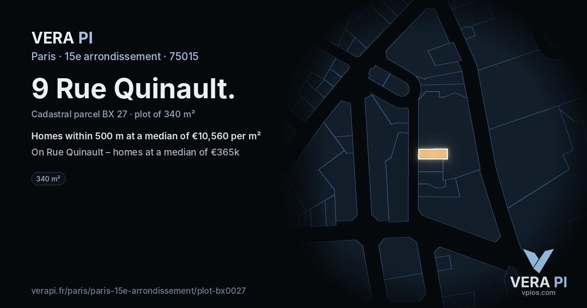 9 Rue Quinault, 15e arrondissement at night – the plot lit, the parcels around coloured by the prices near them