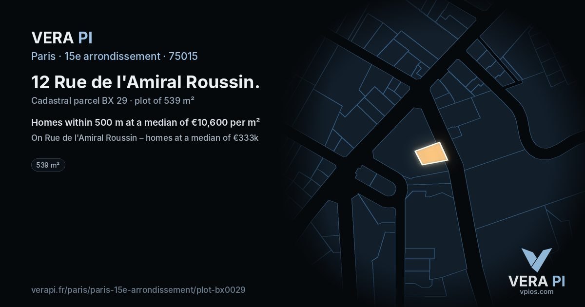 12 Rue de l'Amiral Roussin, 15e arrondissement at night – the plot lit, the parcels around coloured by the prices near them