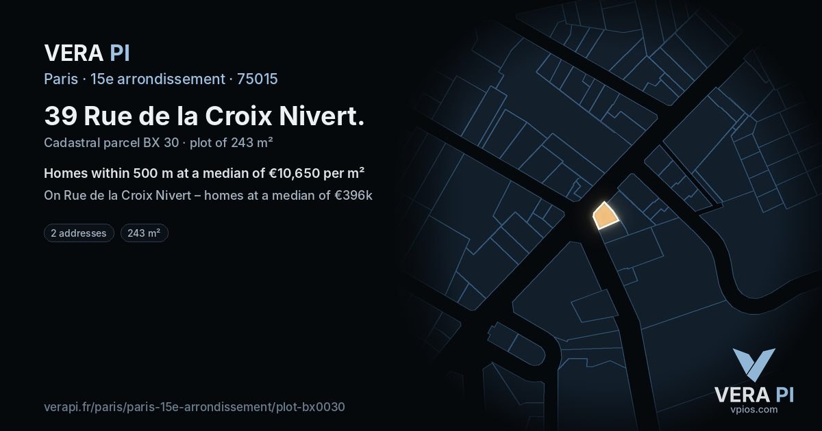39 Rue de la Croix Nivert, 15e arrondissement at night – the plot lit, the parcels around coloured by the prices near them