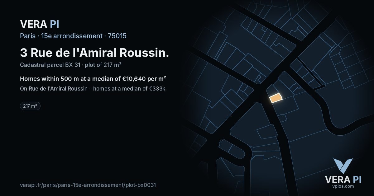 3 Rue de l'Amiral Roussin, 15e arrondissement at night – the plot lit, the parcels around coloured by the prices near them