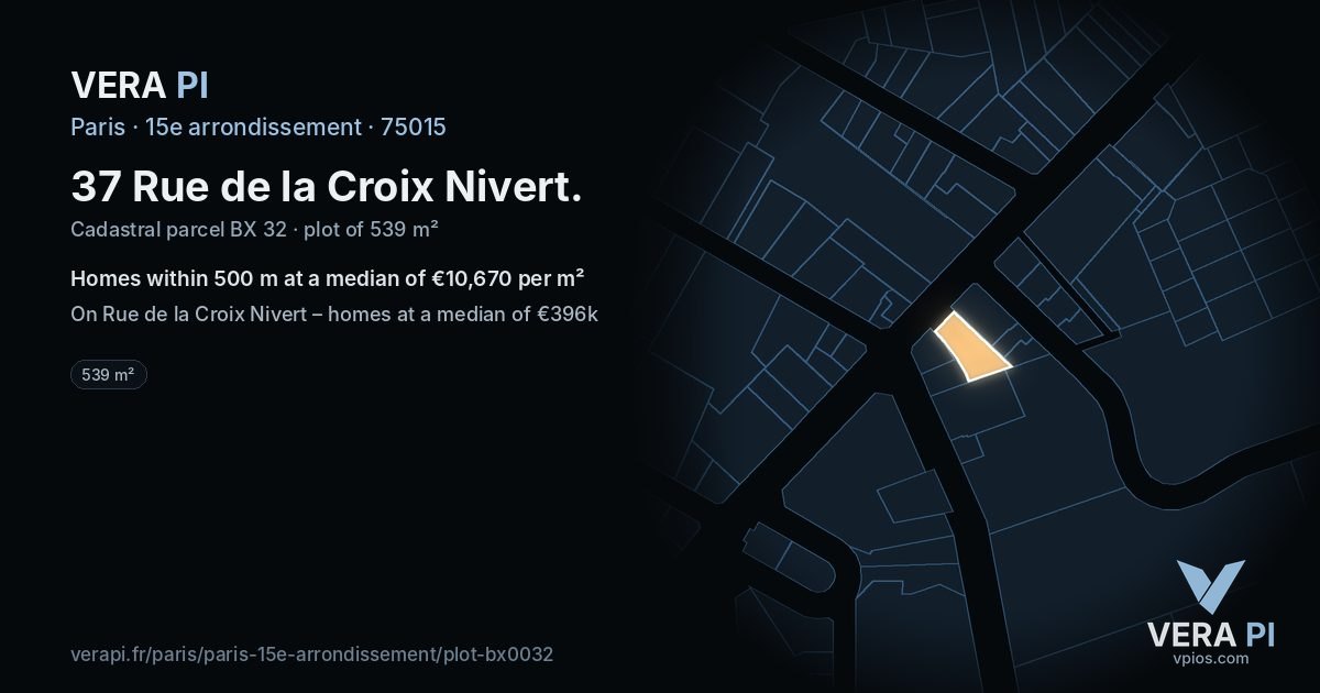 37 Rue de la Croix Nivert, 15e arrondissement at night – the plot lit, the parcels around coloured by the prices near them