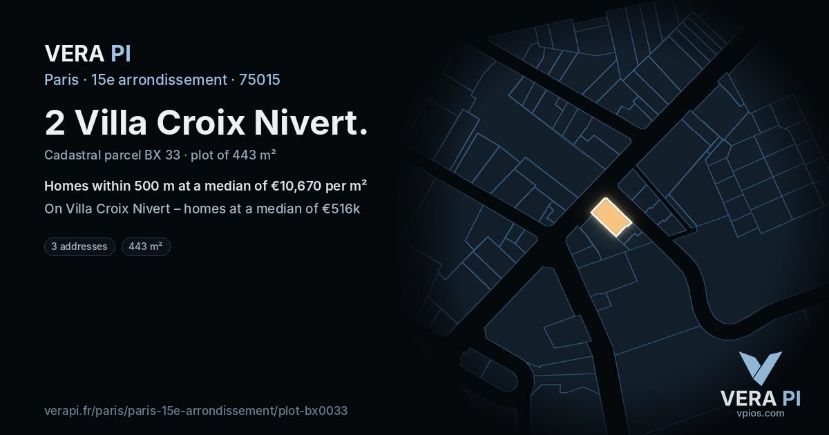 2 Villa Croix Nivert, 15e arrondissement at night – the plot lit, the parcels around coloured by the prices near them