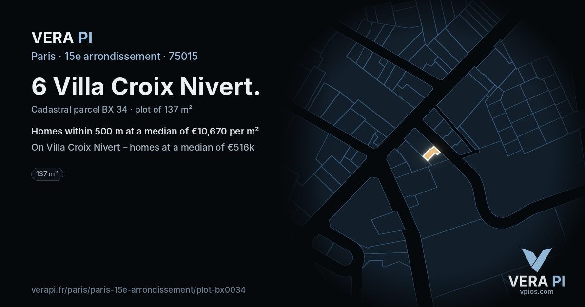 6 Villa Croix Nivert, 15e arrondissement at night – the plot lit, the parcels around coloured by the prices near them