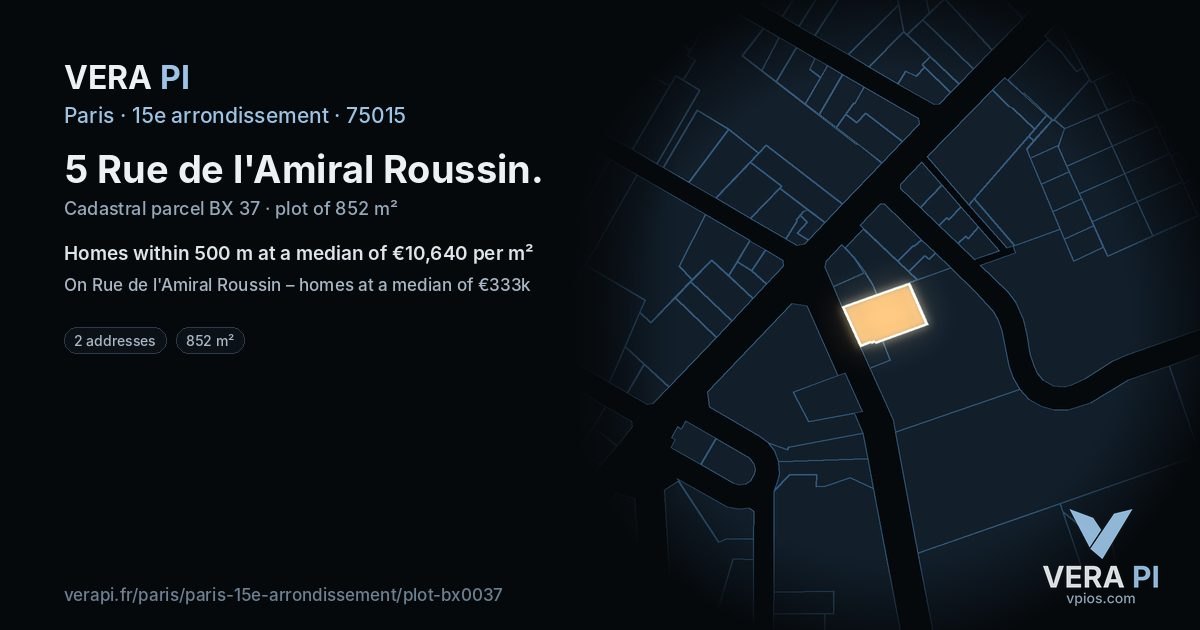 5 Rue de l'Amiral Roussin, 15e arrondissement at night – the plot lit, the parcels around coloured by the prices near them