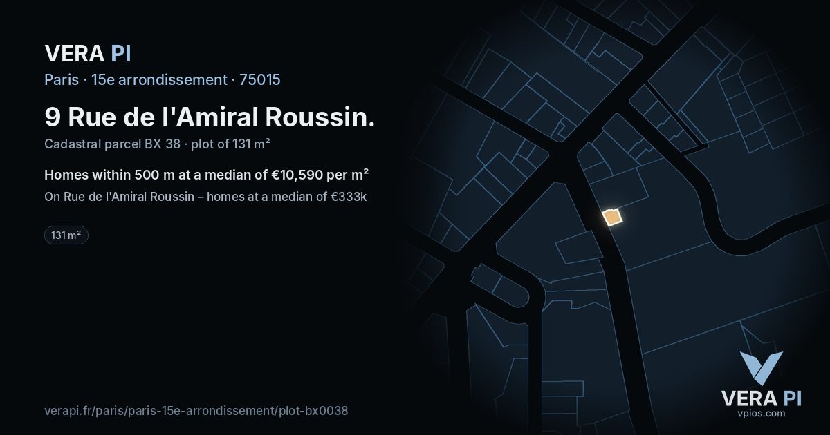 9 Rue de l'Amiral Roussin, 15e arrondissement at night – the plot lit, the parcels around coloured by the prices near them