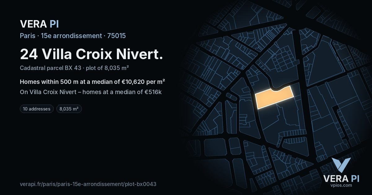 24 Villa Croix Nivert, 15e arrondissement at night – the plot lit, the parcels around coloured by the prices near them