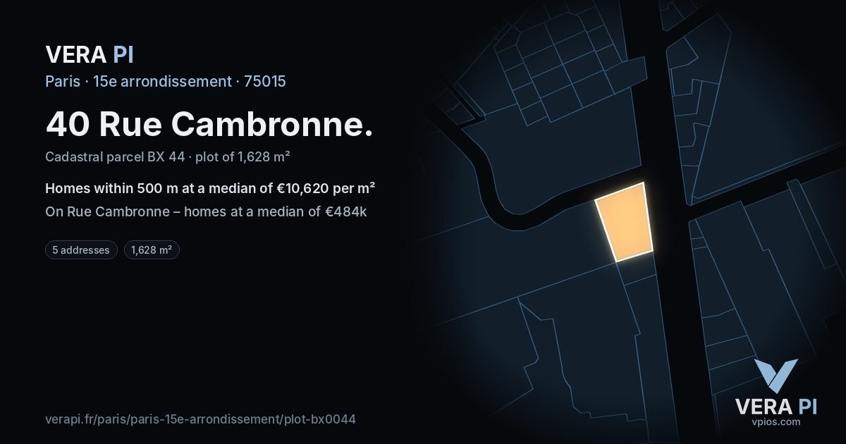 40 Rue Cambronne, 15e arrondissement at night – the plot lit, the parcels around coloured by the prices near them