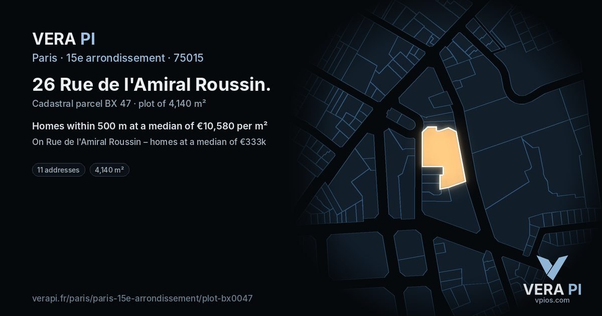26 Rue de l'Amiral Roussin, 15e arrondissement at night – the plot lit, the parcels around coloured by the prices near them