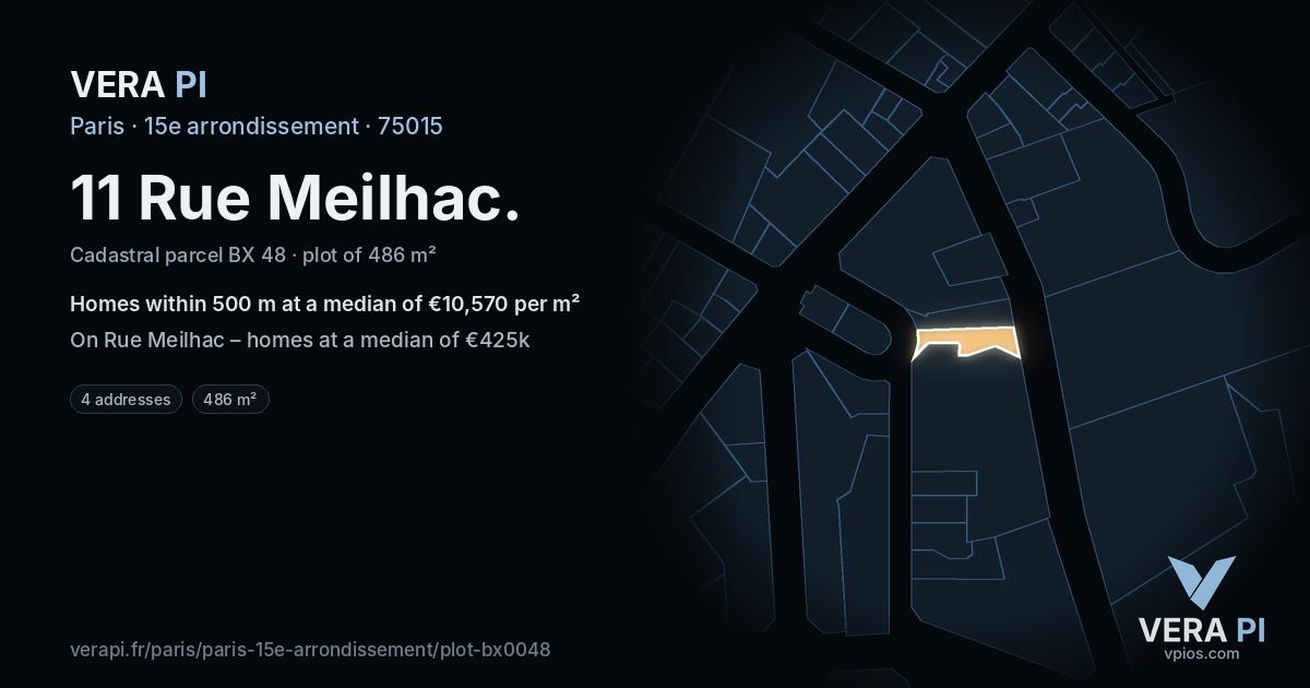 11 Rue Meilhac, 15e arrondissement at night – the plot lit, the parcels around coloured by the prices near them