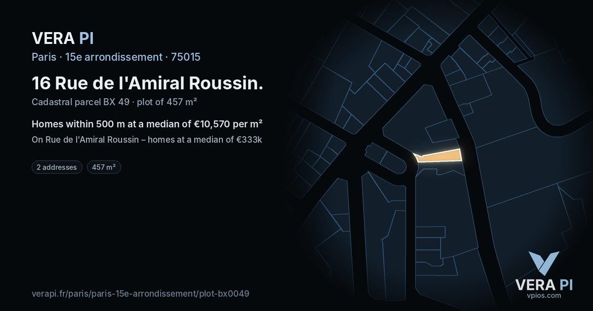 16 Rue de l'Amiral Roussin, 15e arrondissement at night – the plot lit, the parcels around coloured by the prices near them