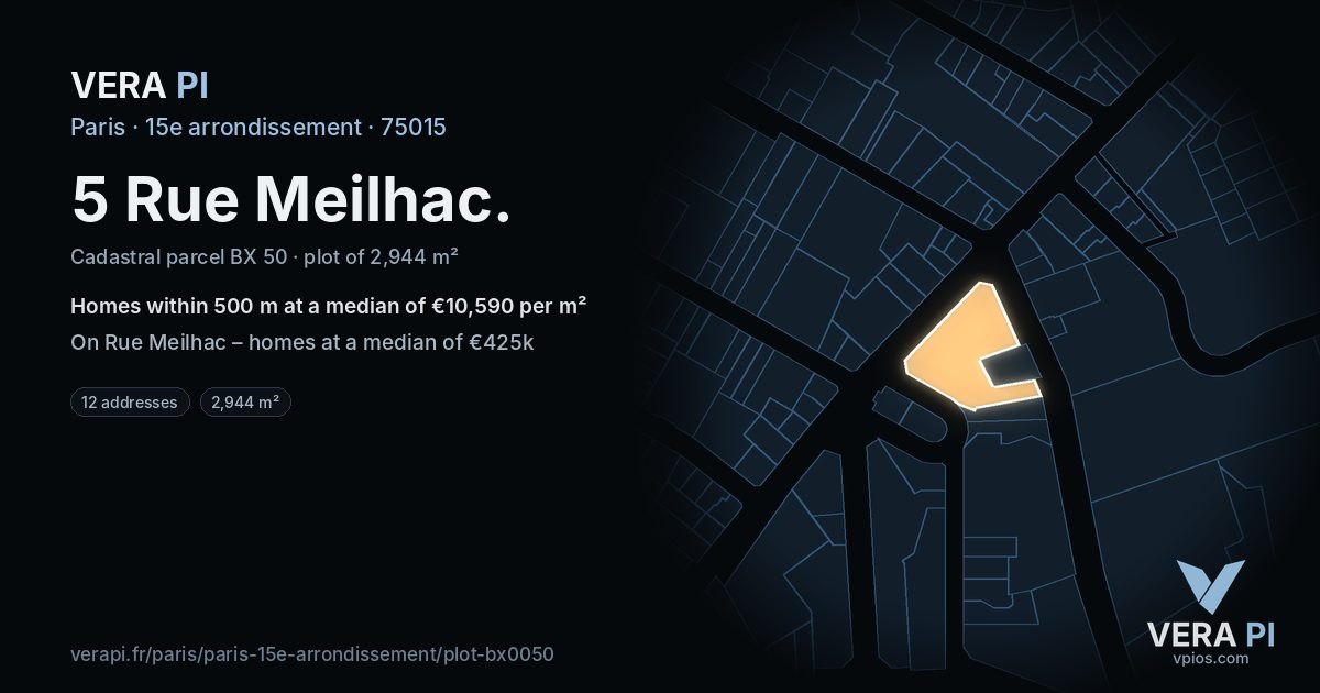 5 Rue Meilhac, 15e arrondissement at night – the plot lit, the parcels around coloured by the prices near them