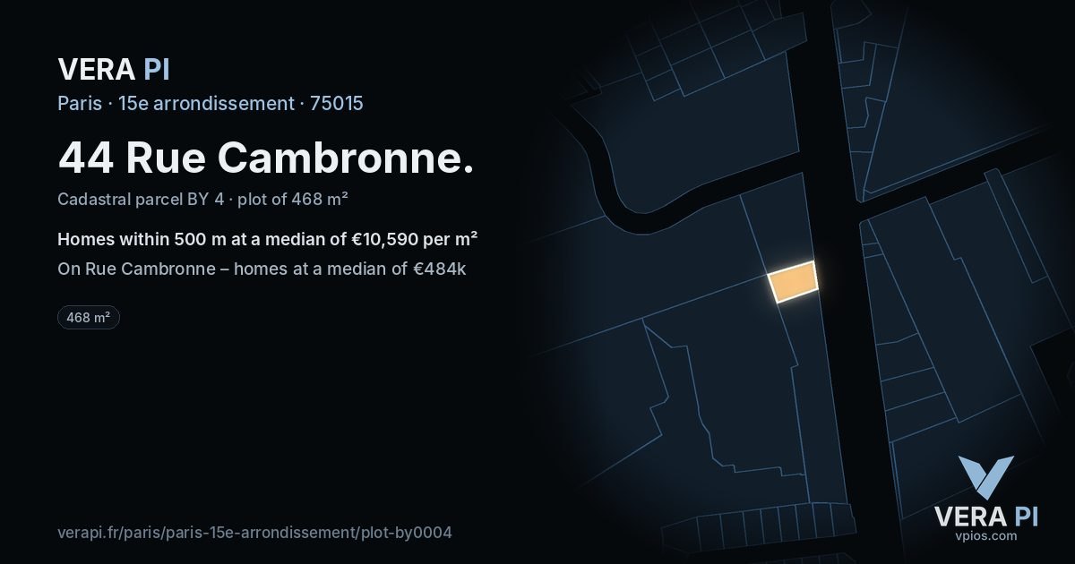 44 Rue Cambronne, 15e arrondissement at night – the plot lit, the parcels around coloured by the prices near them
