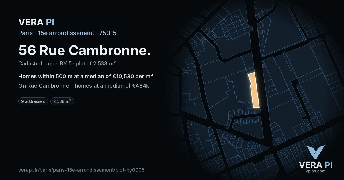 56 Rue Cambronne, 15e arrondissement at night – the plot lit, the parcels around coloured by the prices near them