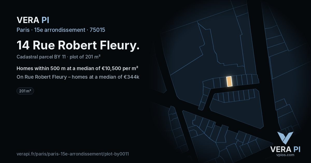 14 Rue Robert Fleury, 15e arrondissement at night – the plot lit, the parcels around coloured by the prices near them