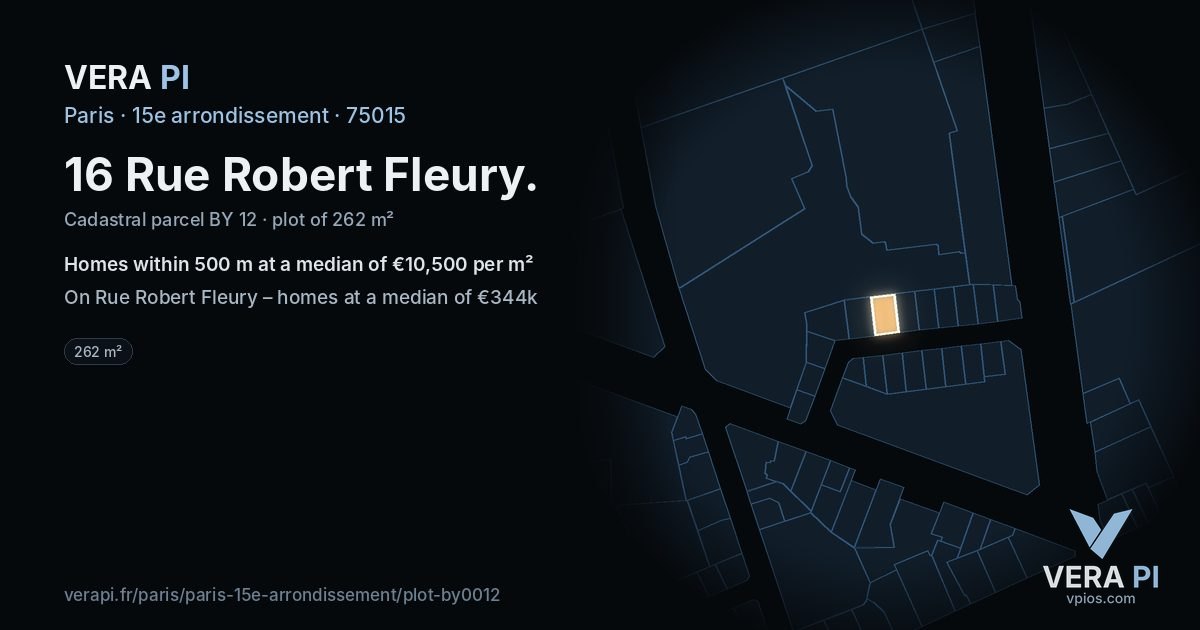 16 Rue Robert Fleury, 15e arrondissement at night – the plot lit, the parcels around coloured by the prices near them