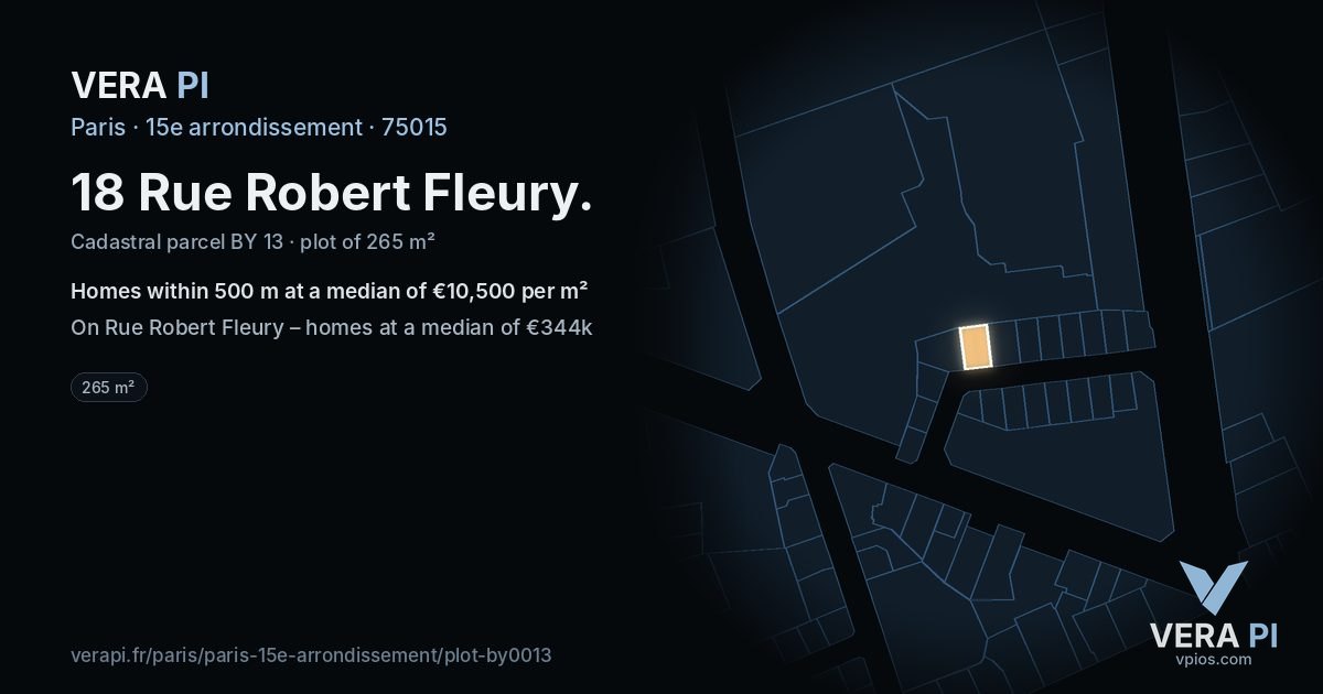 18 Rue Robert Fleury, 15e arrondissement at night – the plot lit, the parcels around coloured by the prices near them