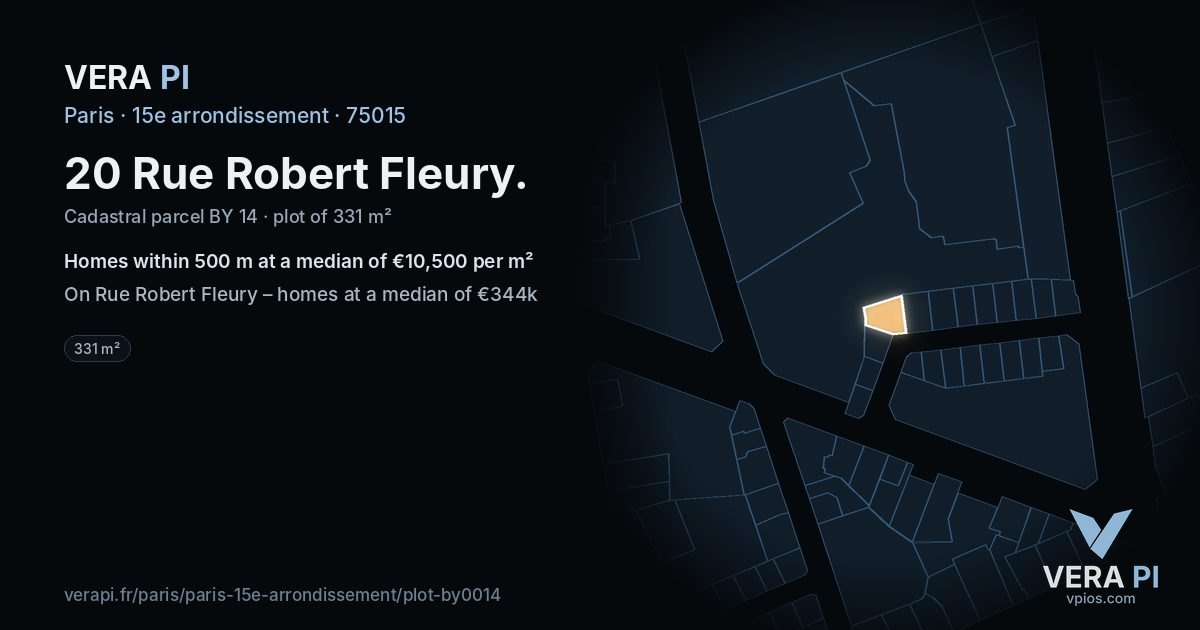 20 Rue Robert Fleury, 15e arrondissement at night – the plot lit, the parcels around coloured by the prices near them
