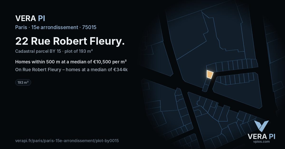 22 Rue Robert Fleury, 15e arrondissement at night – the plot lit, the parcels around coloured by the prices near them