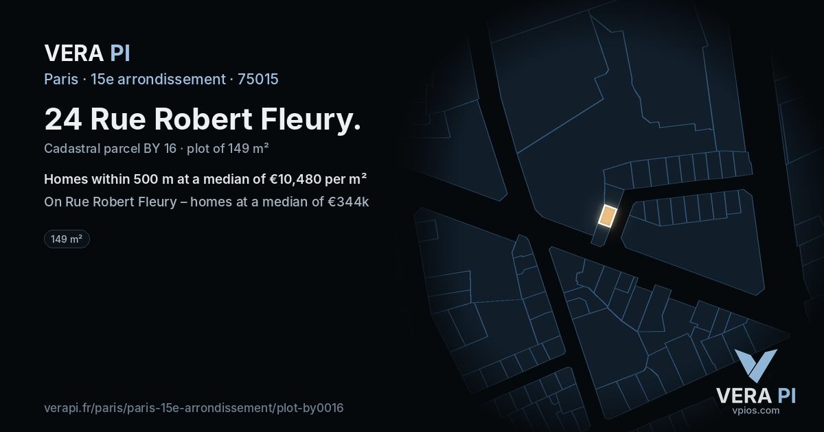 24 Rue Robert Fleury, 15e arrondissement at night – the plot lit, the parcels around coloured by the prices near them