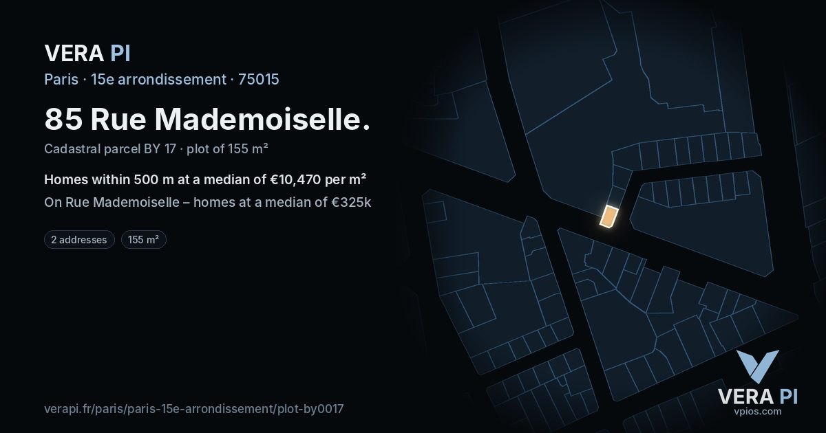 85 Rue Mademoiselle, 15e arrondissement at night – the plot lit, the parcels around coloured by the prices near them