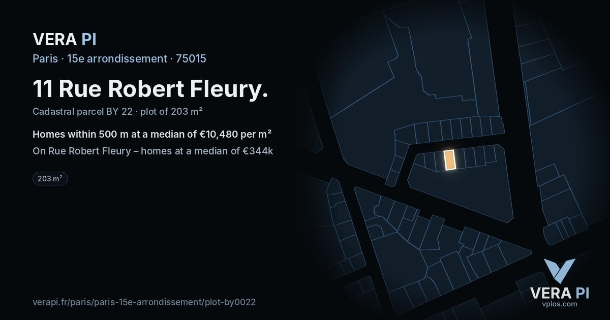11 Rue Robert Fleury, 15e arrondissement at night – the plot lit, the parcels around coloured by the prices near them