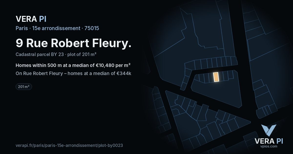 9 Rue Robert Fleury, 15e arrondissement at night – the plot lit, the parcels around coloured by the prices near them