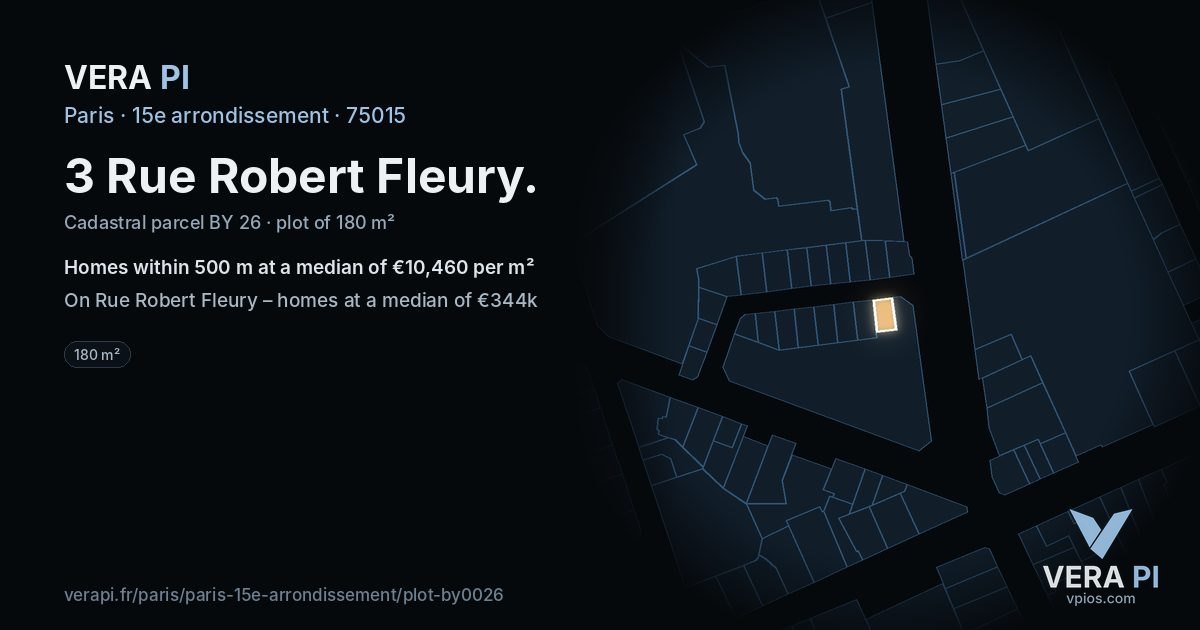 3 Rue Robert Fleury, 15e arrondissement at night – the plot lit, the parcels around coloured by the prices near them