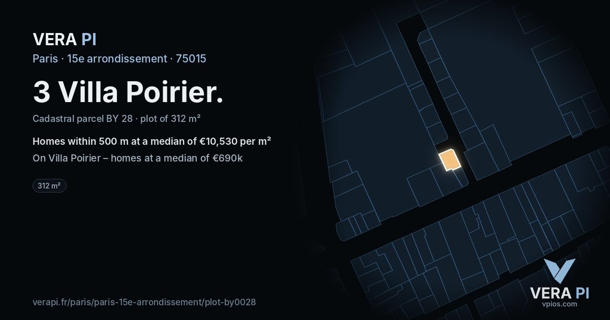 3 Villa Poirier, 15e arrondissement at night – the plot lit, the parcels around coloured by the prices near them