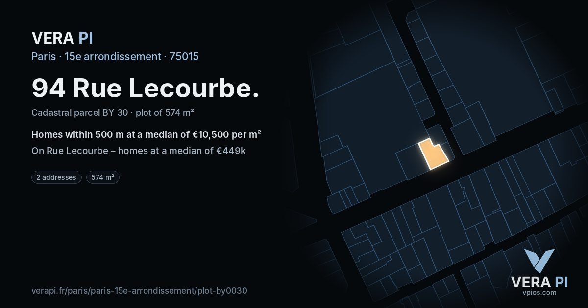 94 Rue Lecourbe, 15e arrondissement at night – the plot lit, the parcels around coloured by the prices near them